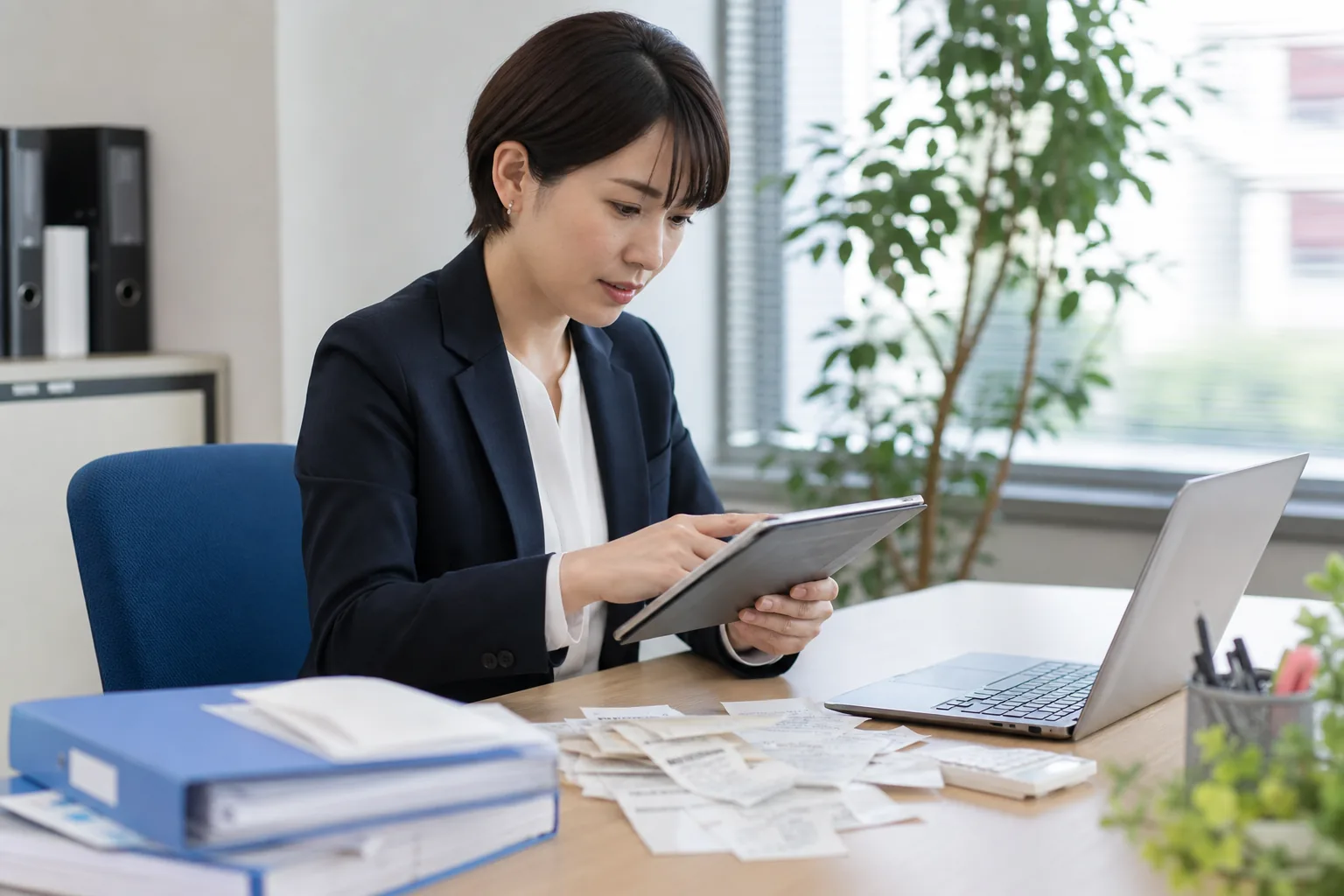 タブレットと紙の領収書を使って経理資料を整理する中小企業の担当者