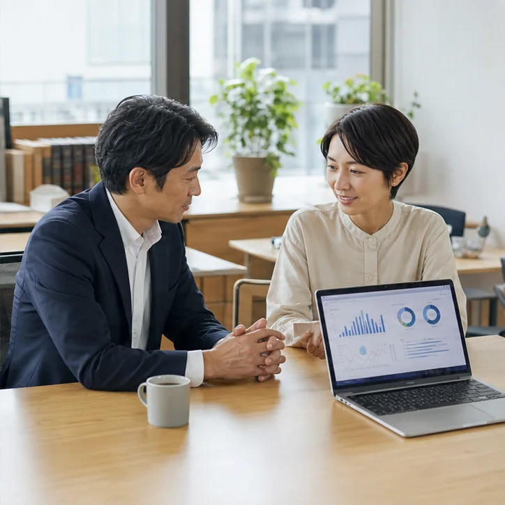 経理業務改善の進め方。現状把握から月次管理までの5ステップの改善方法を話し合う事業者と専門スタッフ