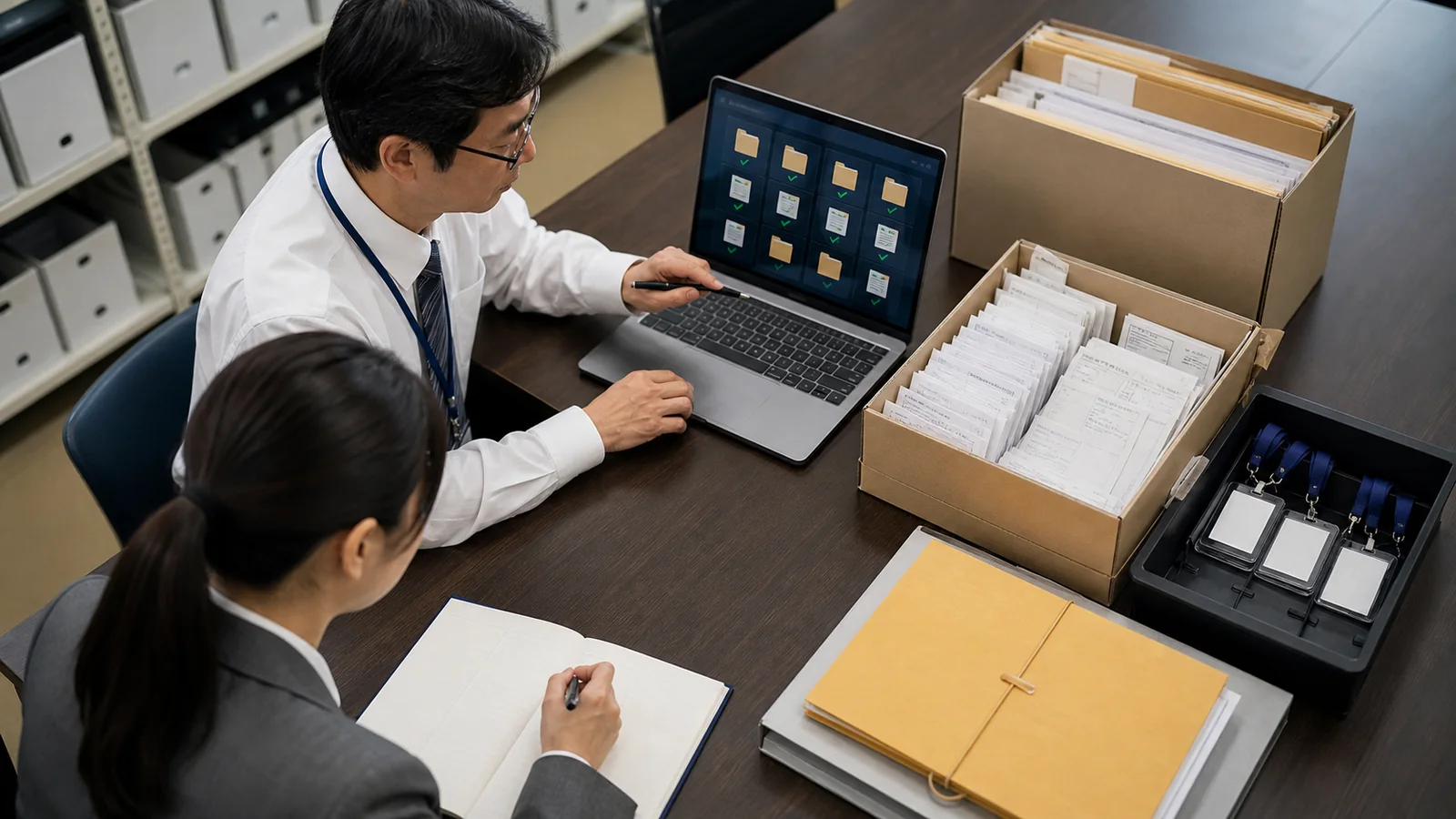 紙資料の箱とパソコン上のフォルダを二人で確認している様子