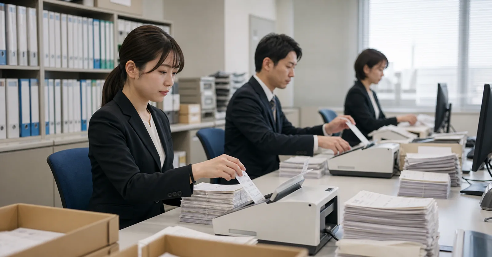 月末の机で領収書と請求書を整理し、業務のムダを見直す担当者
