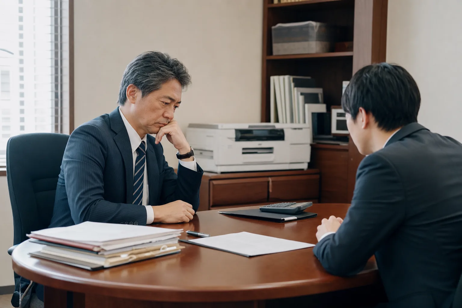 経営者とスタッフが資料の保管ルールを相談している明るいオフィス
