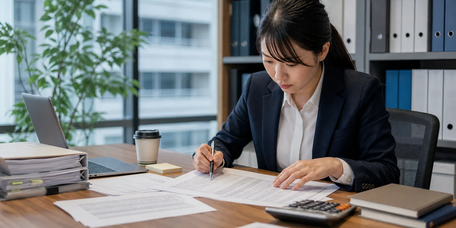 利益と資金に関する経理資料を確認する中小企業の担当者