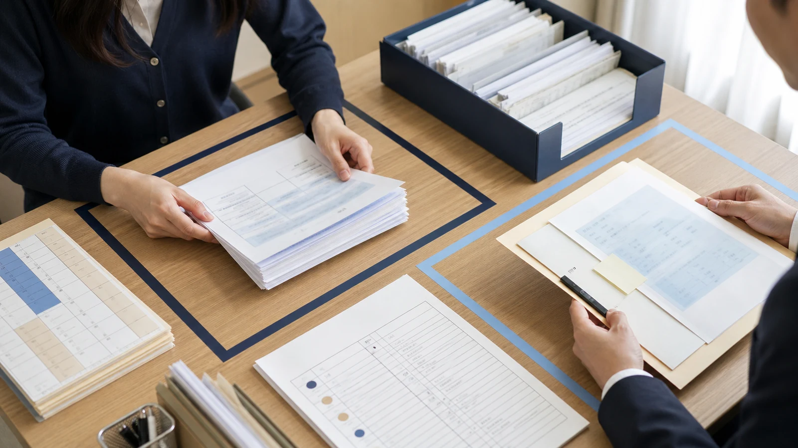 経理パート担当者と社内責任者が勤務時間内の資料回収と外部支援へ渡す業務を確認する場面