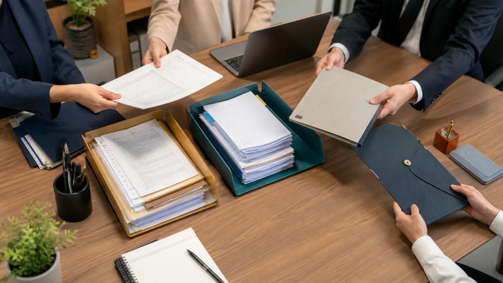 総務担当者と経営者が社内調整業務と外注する会計給与業務を職務表で分ける場面