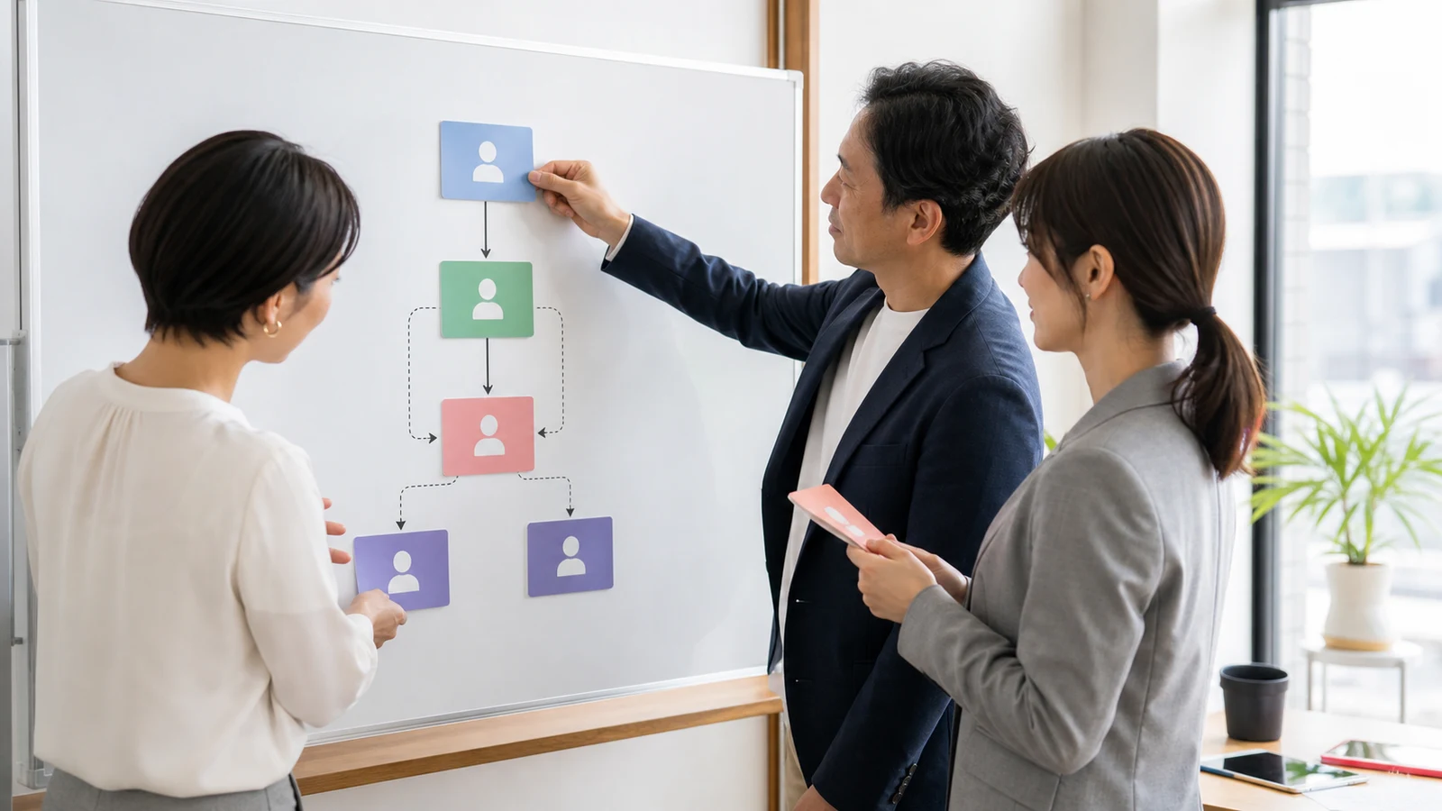 経営者が一人経理採用案と事務員経理代行の分業案を六つの比較軸で確認する会議