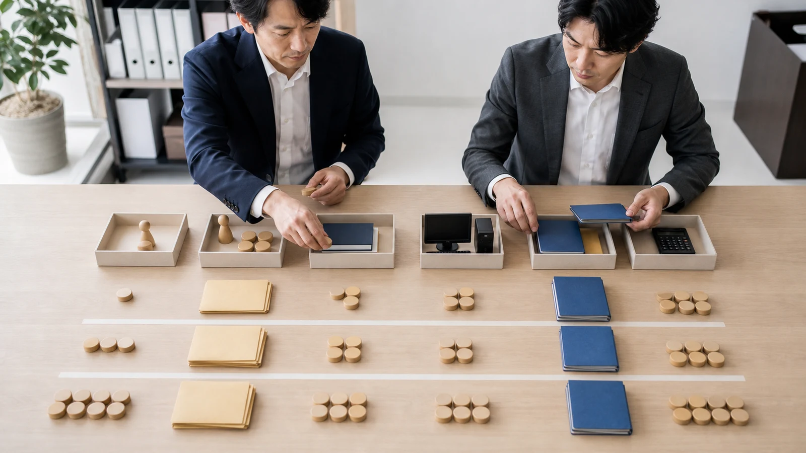 経営者と管理担当者が採用案と外注案の三年間コスト表を低位基準高位で比較する場面
