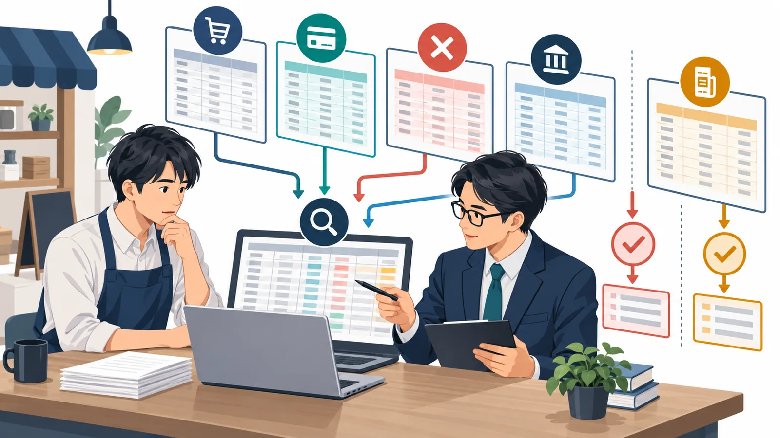 Airペイの取引、取消、手数料、振込一覧、銀行着金、Airレジ売上を照合する工程