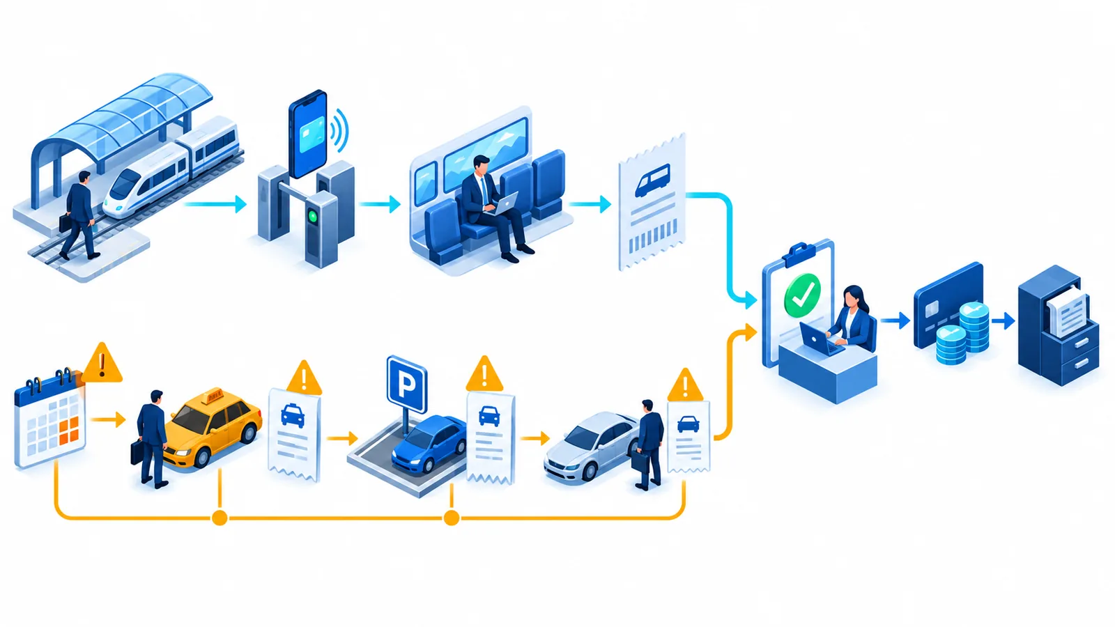 Smart Goで利用者とSuicaから乗車チャージ、通勤業務判別、例外承認、仕訳会計へ進む図