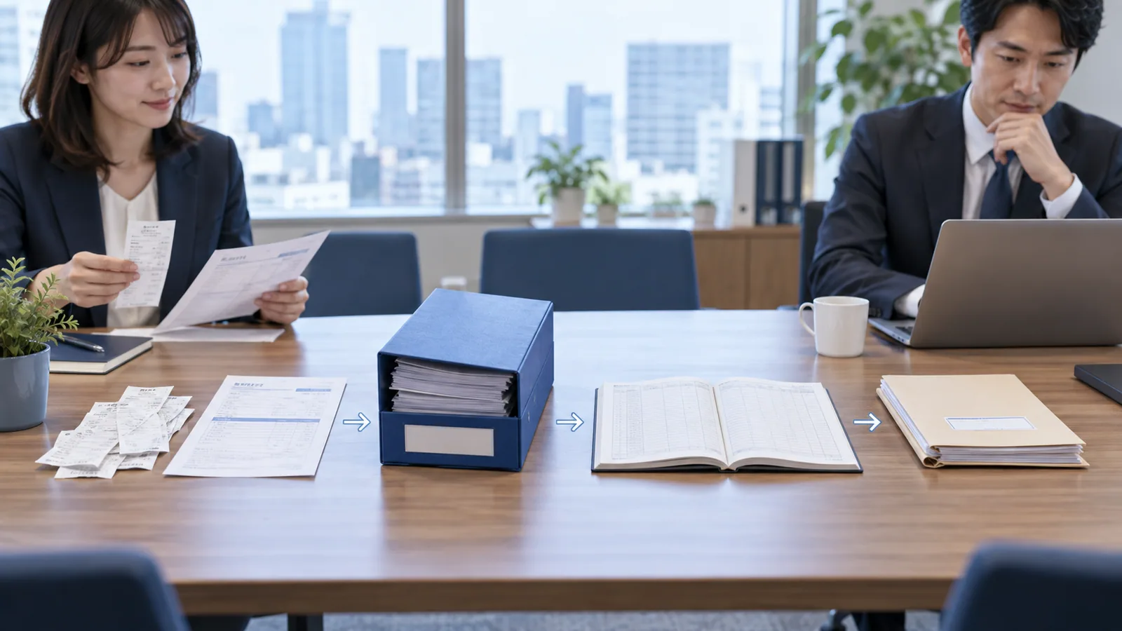 eValue V Airの経費申請からAI-OCR、証憑保存、仕訳と銀行振込へ分岐する図