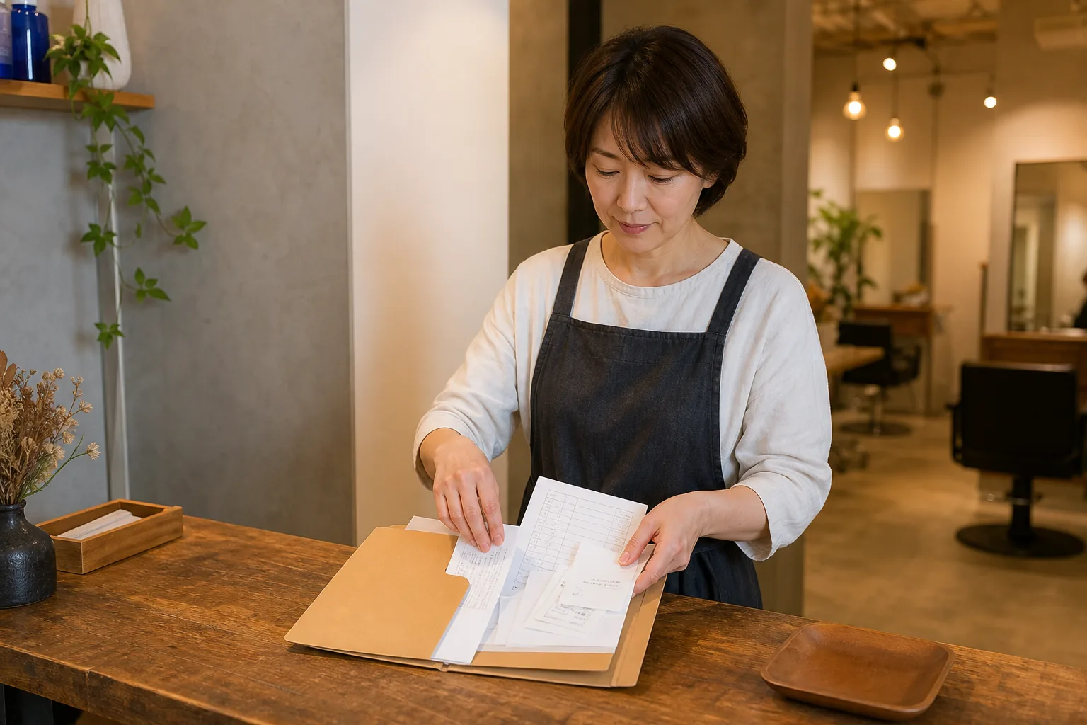 美容室の店舗経理の対象、期限、担当、会社承認、完了証拠を一つの台帳で管理する図